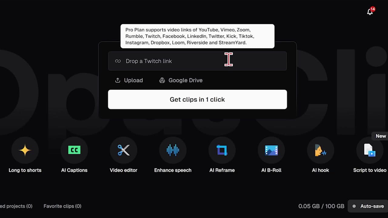 The primary dashboard in OpusClip showing import options