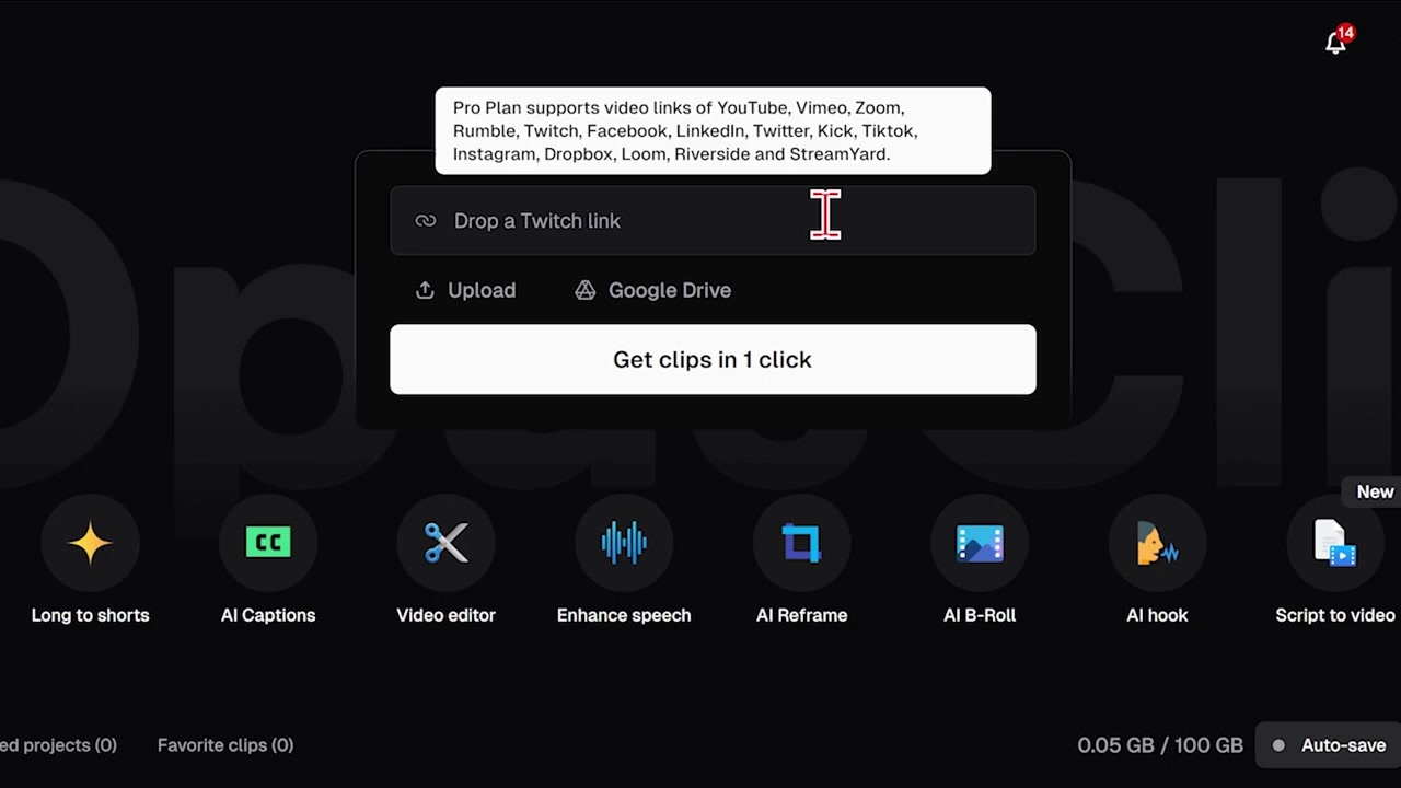 The primary dashboard in OpusClip showing import options