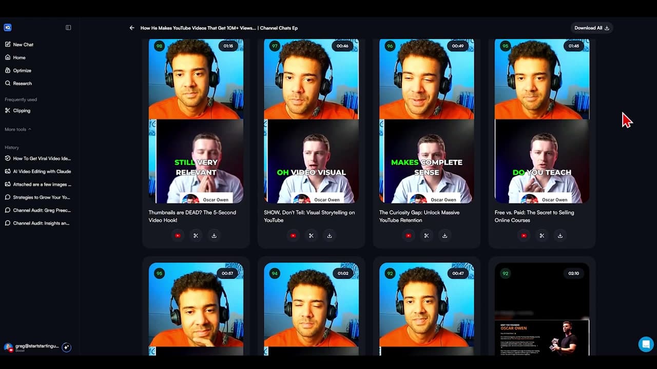 The 16 clips grid output on vidIQ's main project page