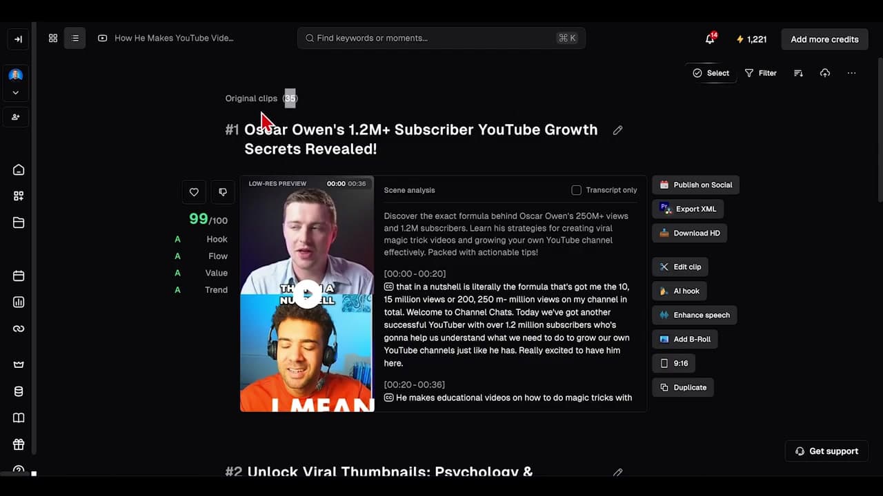 OpusClip's results view showing over double the clip count and direct publishing buttons