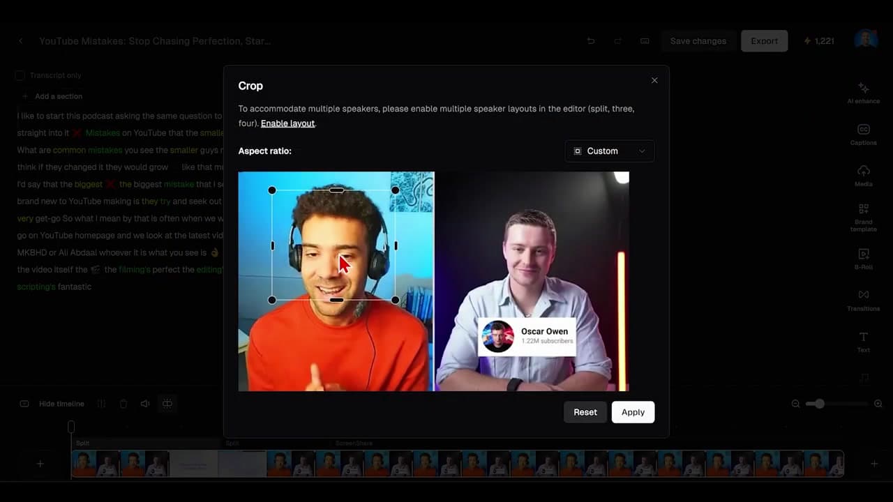 Using the cropping frame tool and layout options inside OpusClip