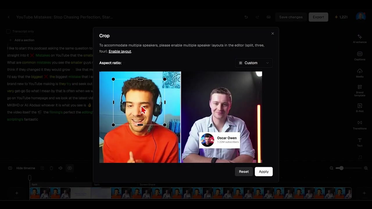 Using the cropping frame tool and layout options inside OpusClip
