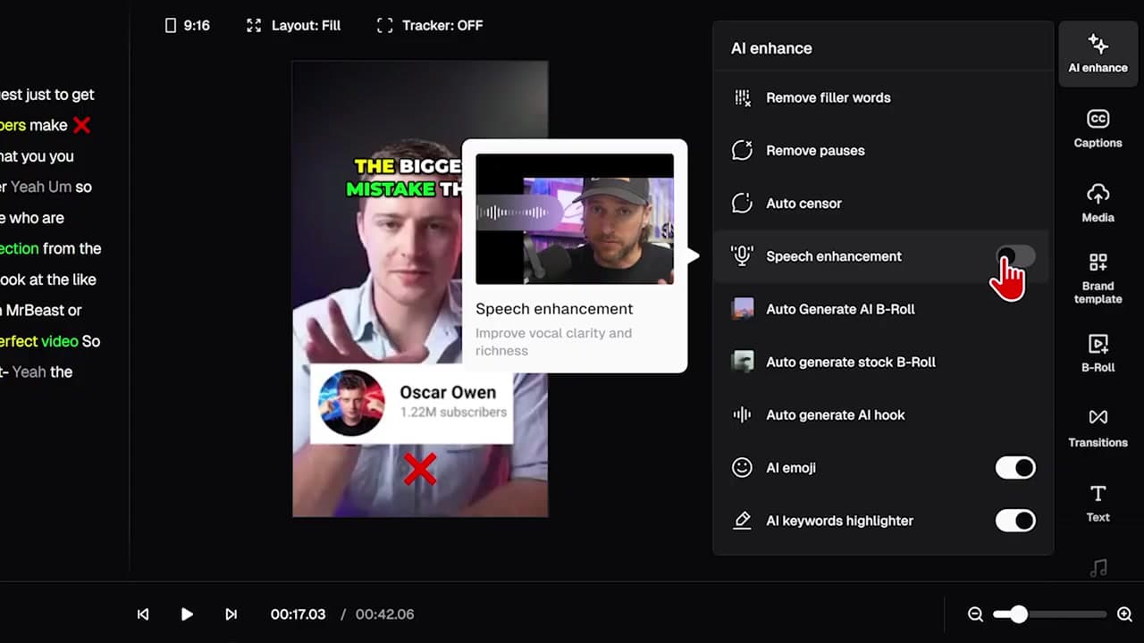 The AI Enhance panel inside OpusClip displaying automatic B-roll and silence removal options
