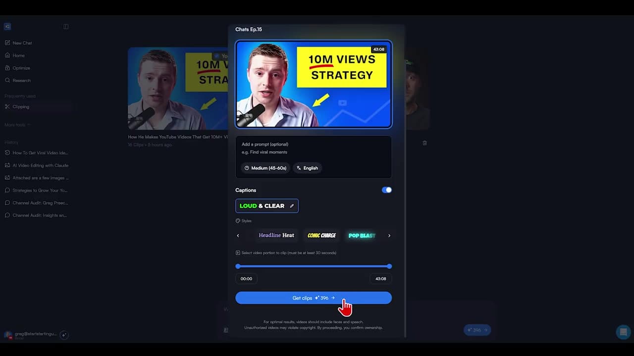 Caption selection and credit pricing estimation in vidIQ