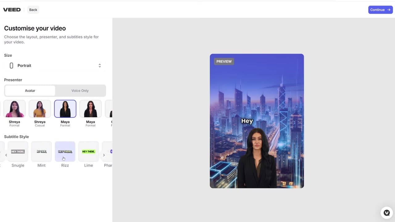 Selecting AI avatar and style options in VEED's Text-to-Video tool