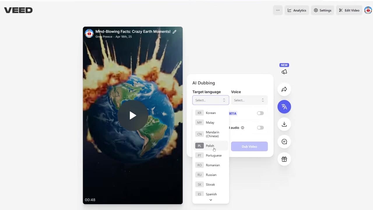 Configuring VEED's AI dubbing tool