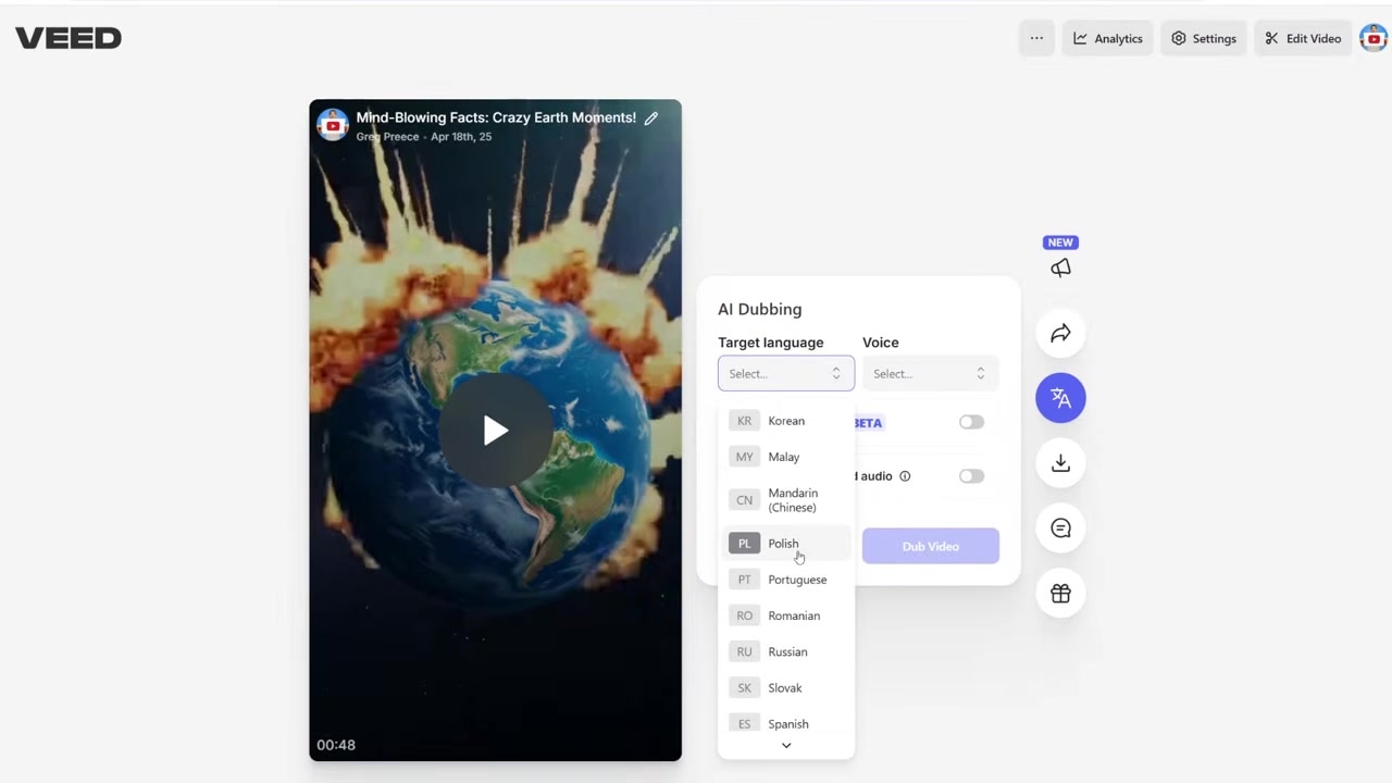 Configuring VEED's AI dubbing tool