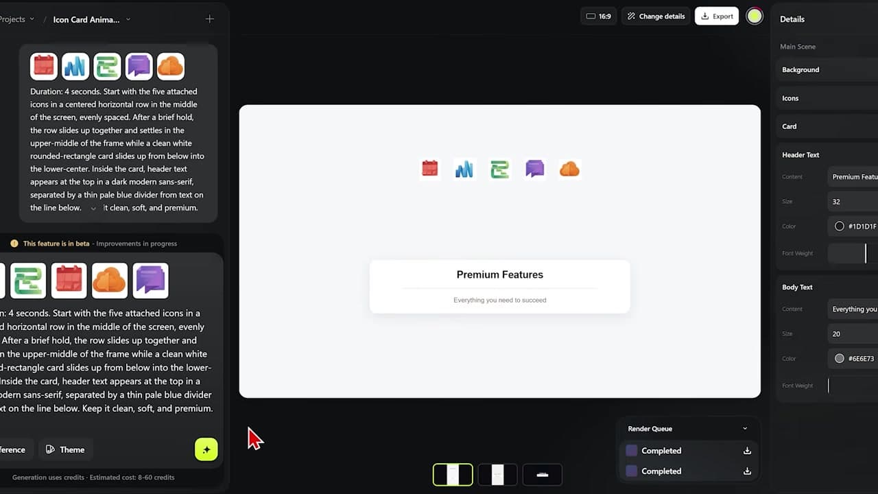 Five Icons Slide Up and Card Animation Result