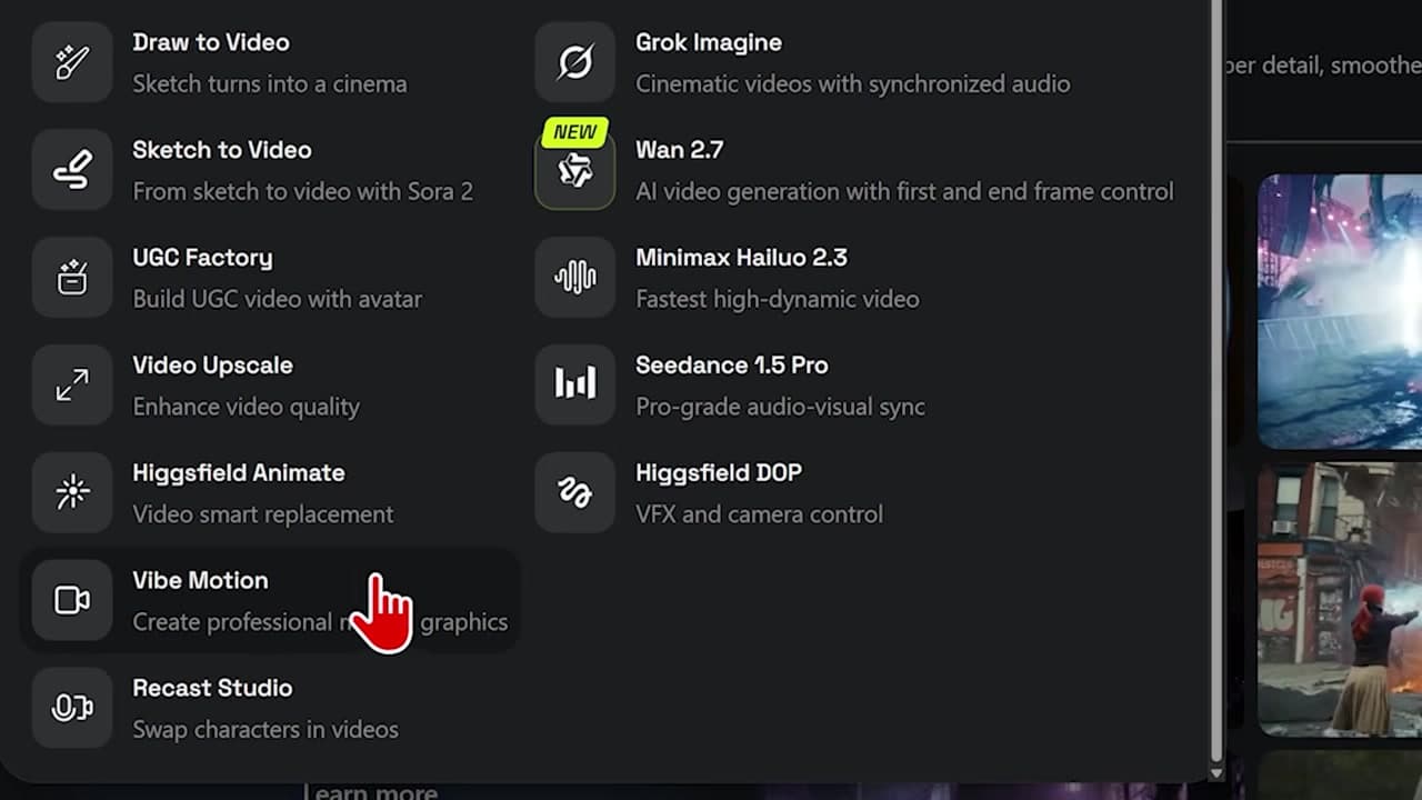Selecting Vibe Motion on Higgsfield Homepage