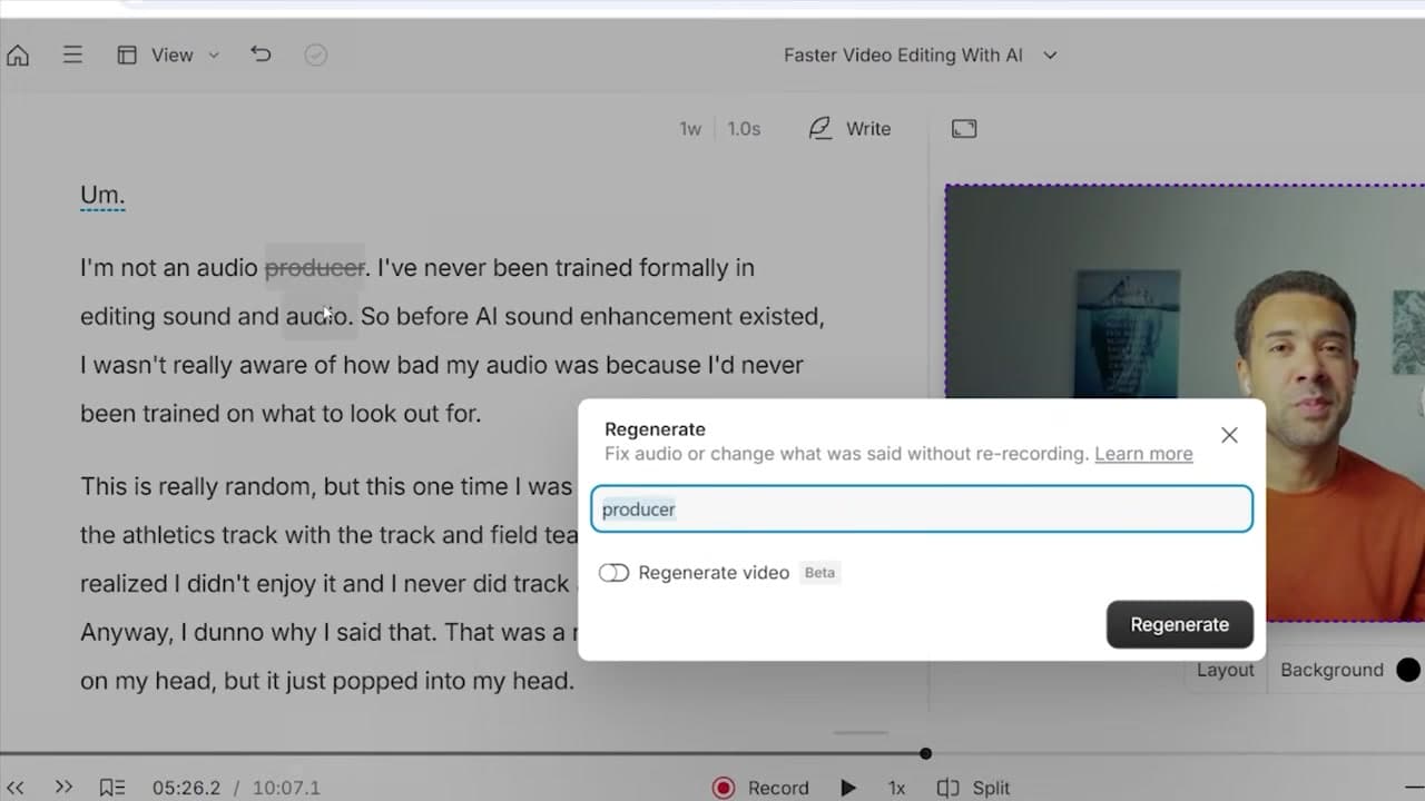Descript speech correction and word replacement menu in the transcript view