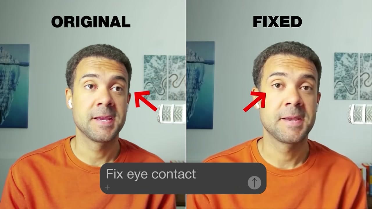 Descript Eye Contact correction being applied to a talking head video
