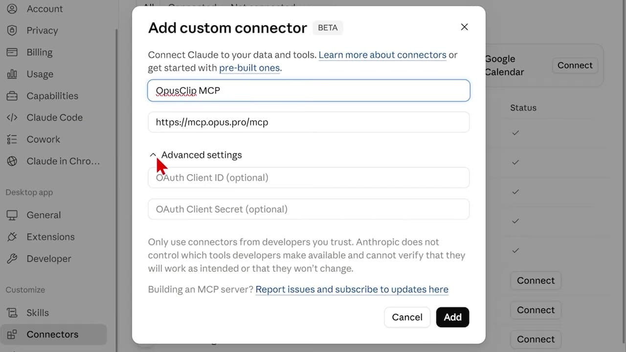 Claude Add Connector Dialog