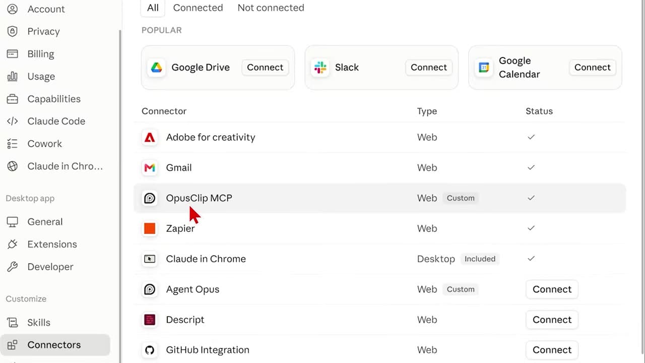 Active OpusClip MCP Connection