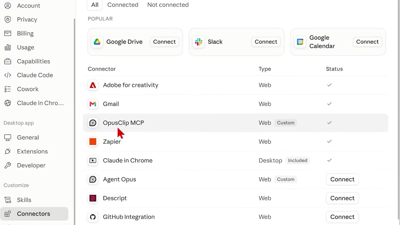 Active OpusClip MCP Connection