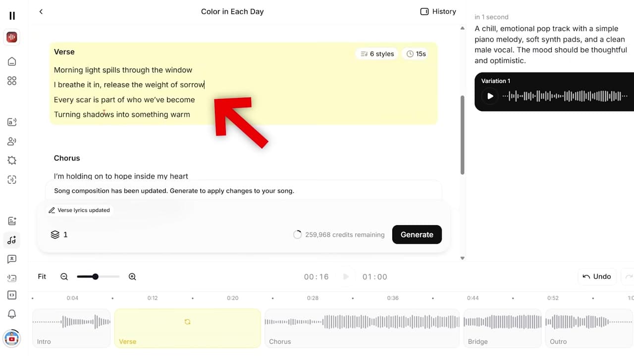 Editing lyrics on the timeline in ElevenLabs Music