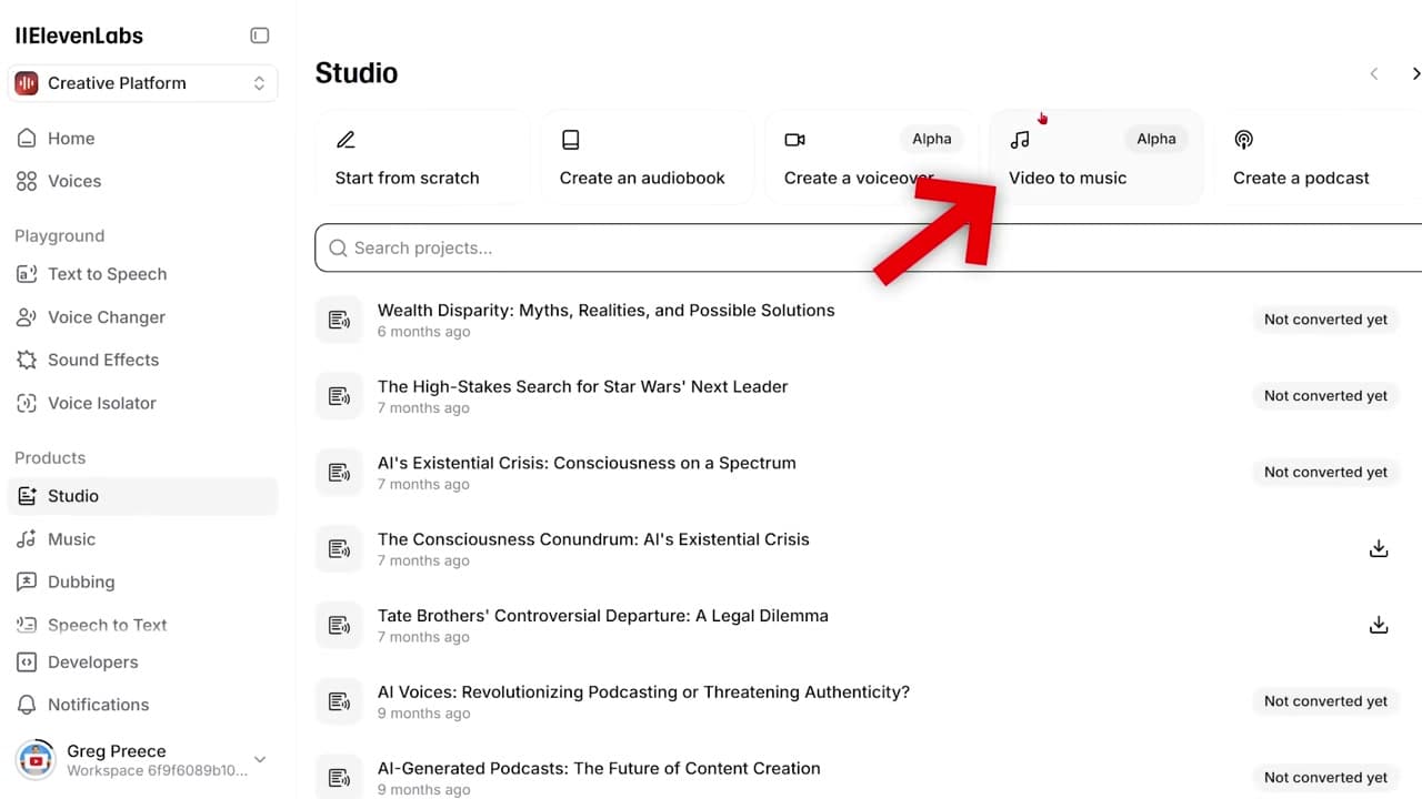 ElevenLabs Video to Music generator in the Studio tab