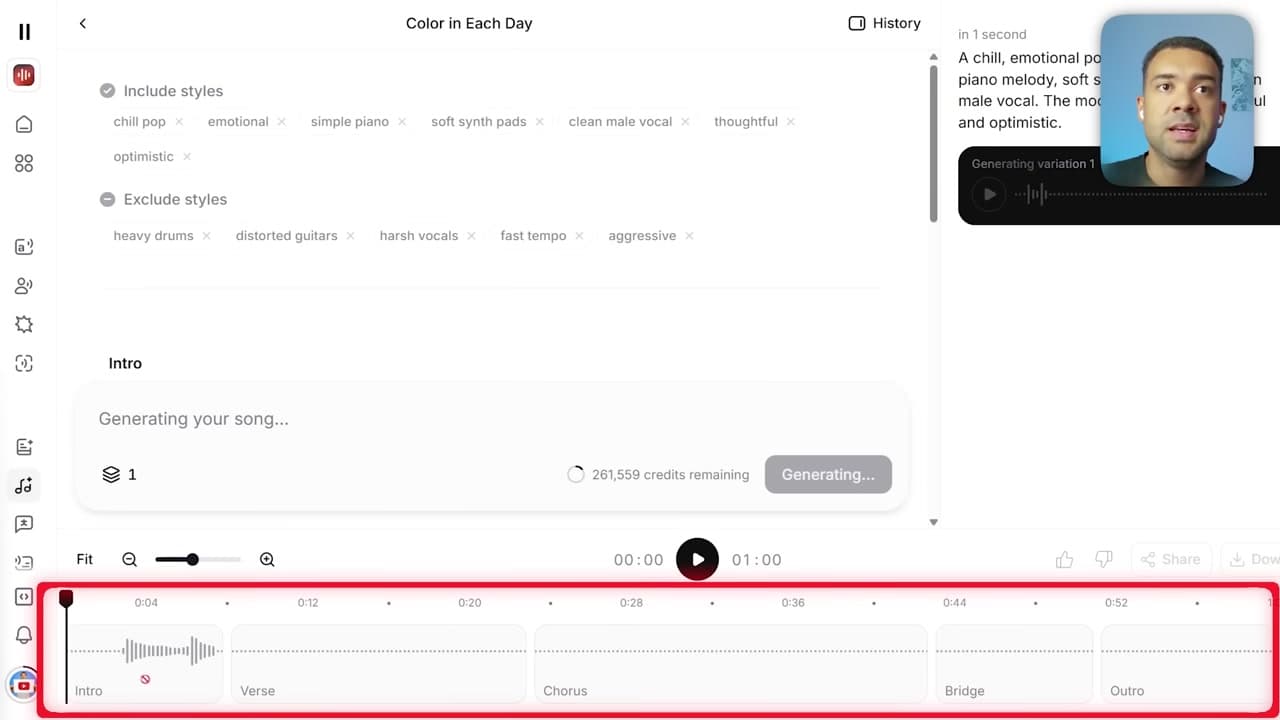 ElevenLabs Music section-by-section generation on the timeline