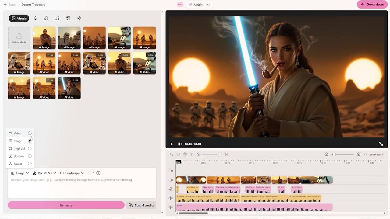 AIVideo.com Dashboard Interface showing features on the left toolbar
