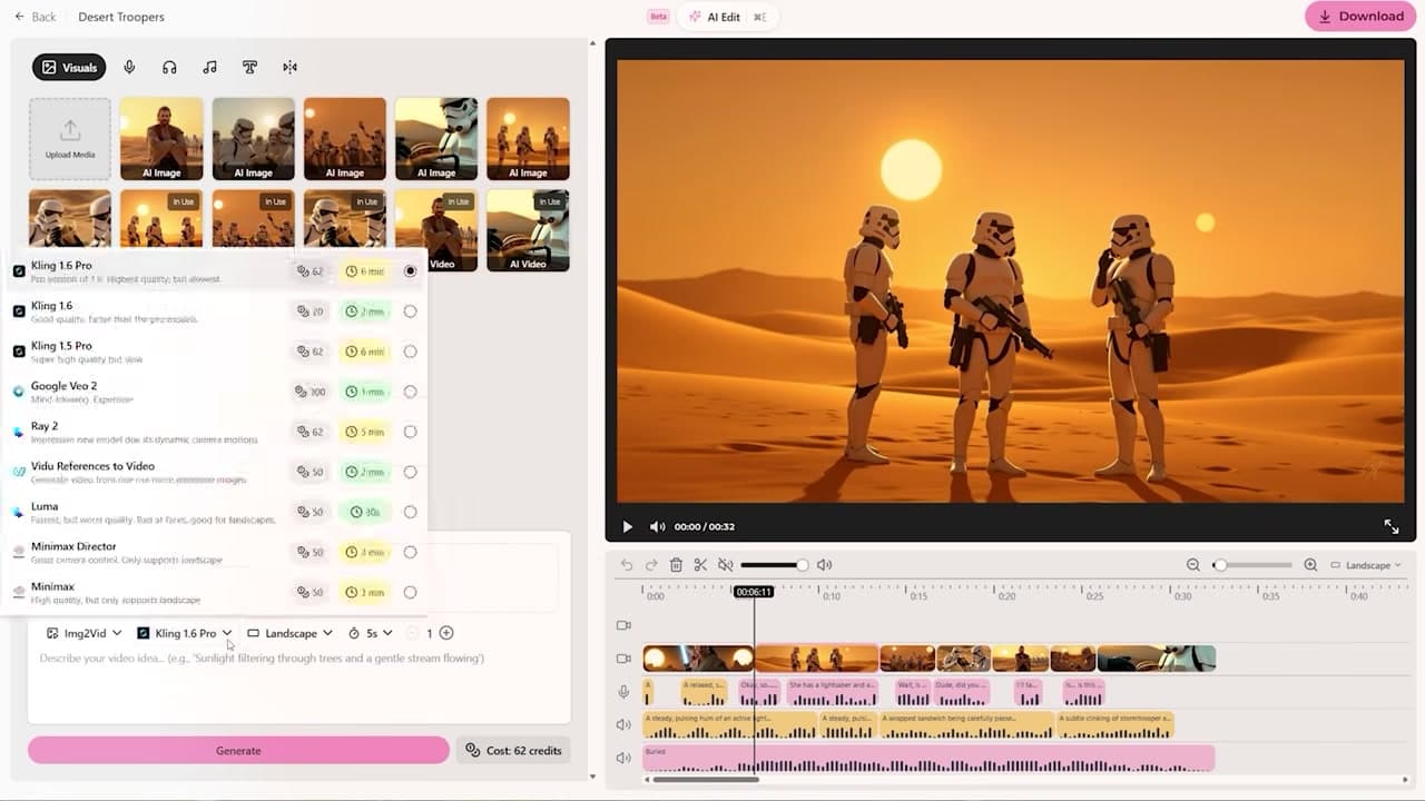 Converting static stormtrooper image to a video clip using Kling 1.6 Pro
