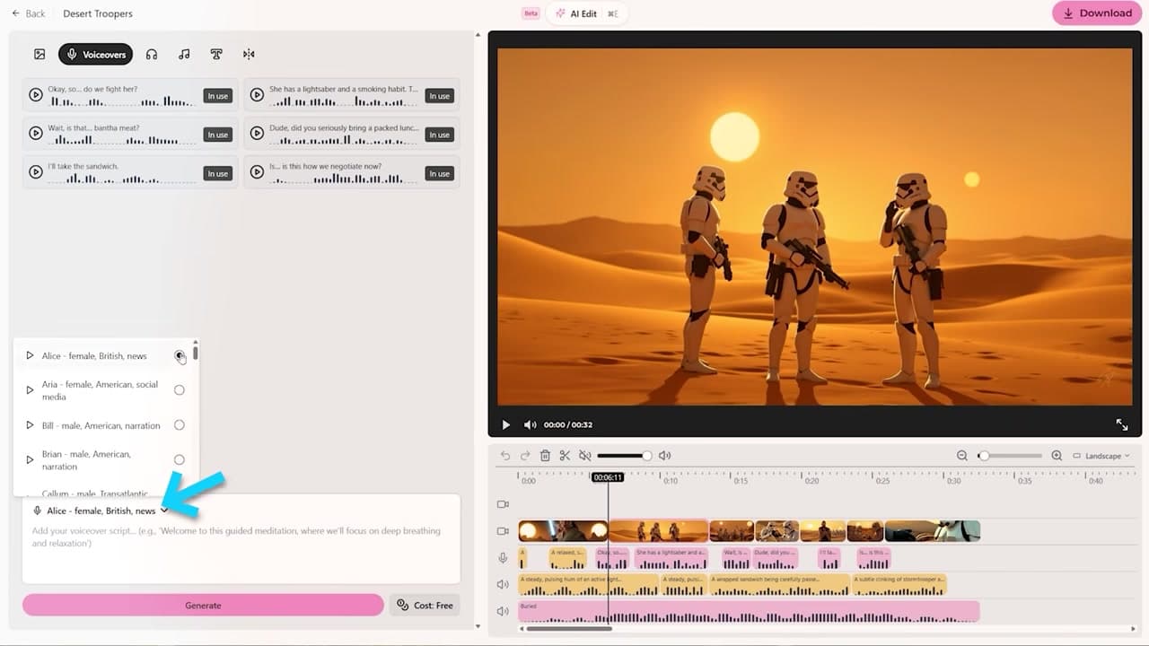 AI voiceover and custom sound effect generation modules