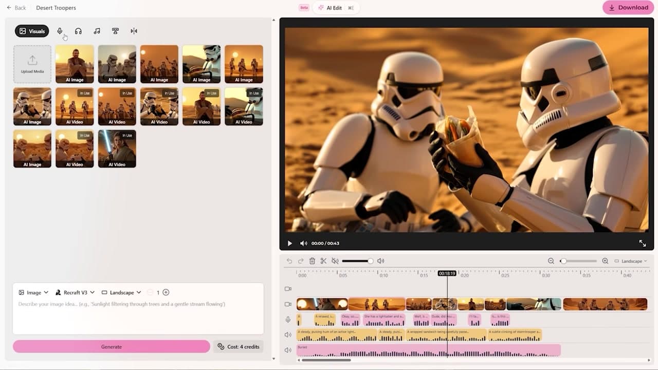 AIVideo.com timeline workspace with layered visual and audio tracks