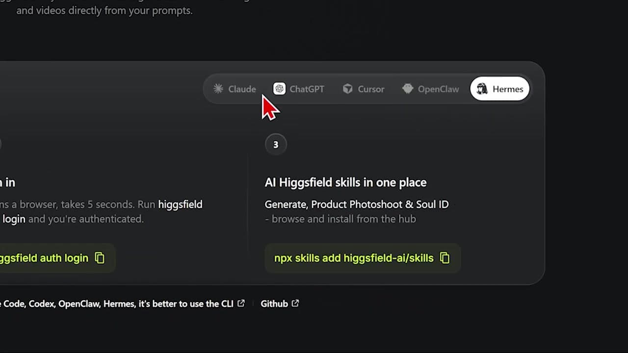Selecting Claude on the Higgsfield website setup page