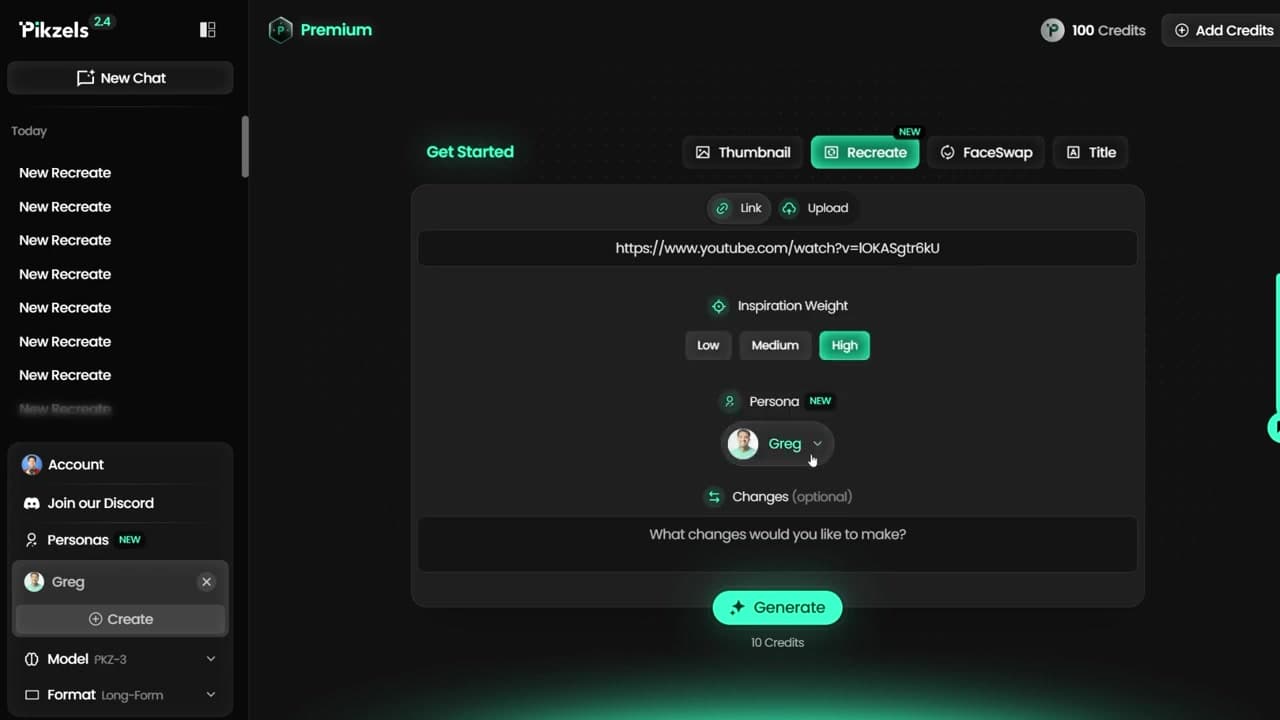 Pikzels Recreate Feature Interface YouTube URL Input