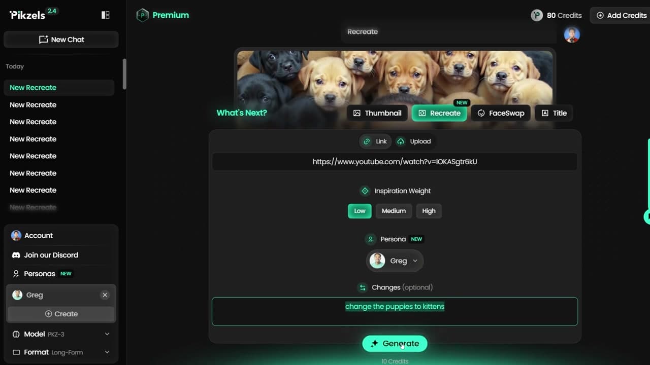 Pikzels Low Inspiration Puppy to Kitten Custom Prompt Output