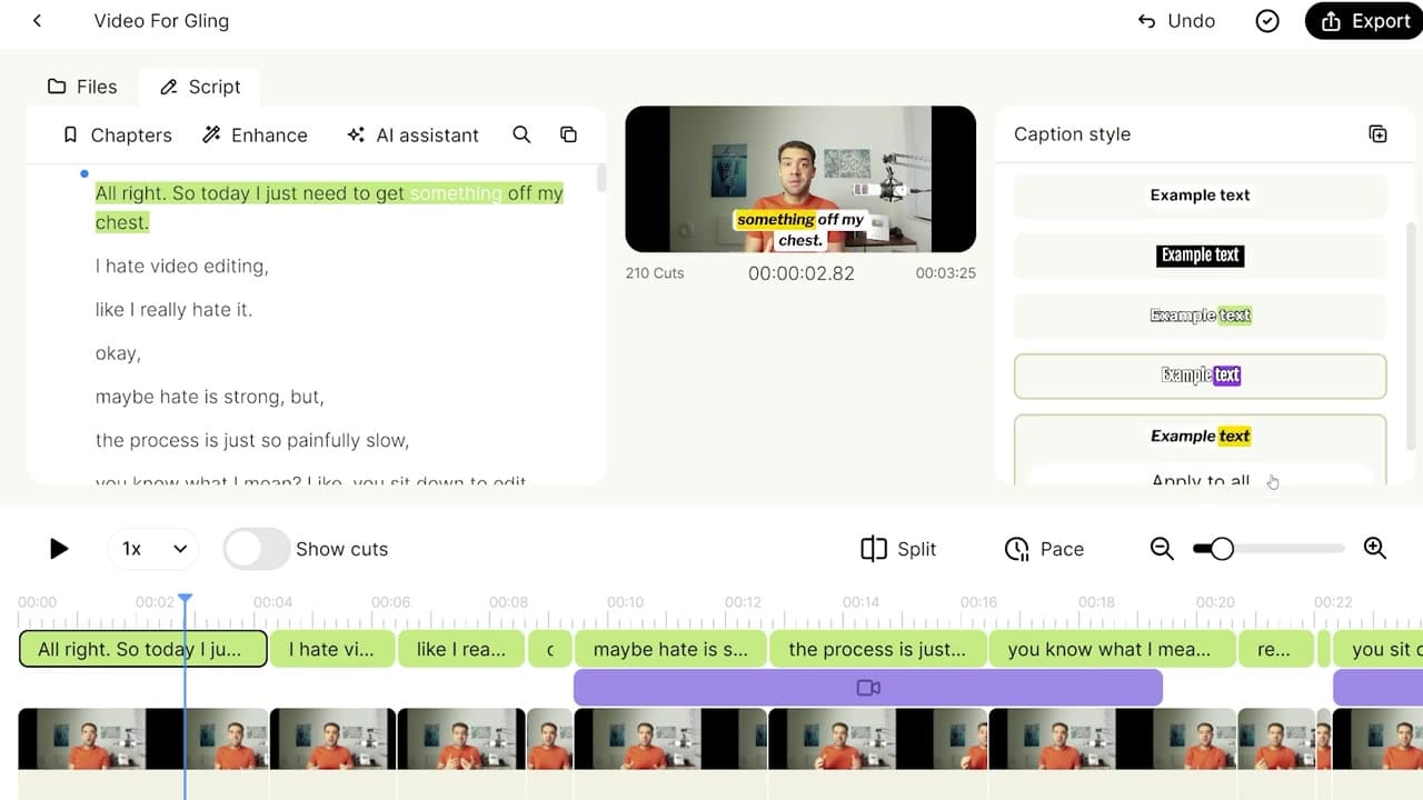 Gling smart captions editor with active animated styles