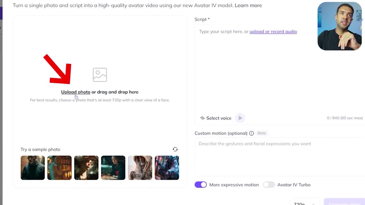 The HeyGen interface showing the image upload area