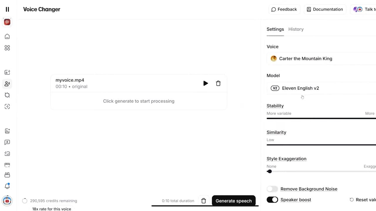 ElevenLabs Speech to Speech Interface with Carter the Mountain King Selected