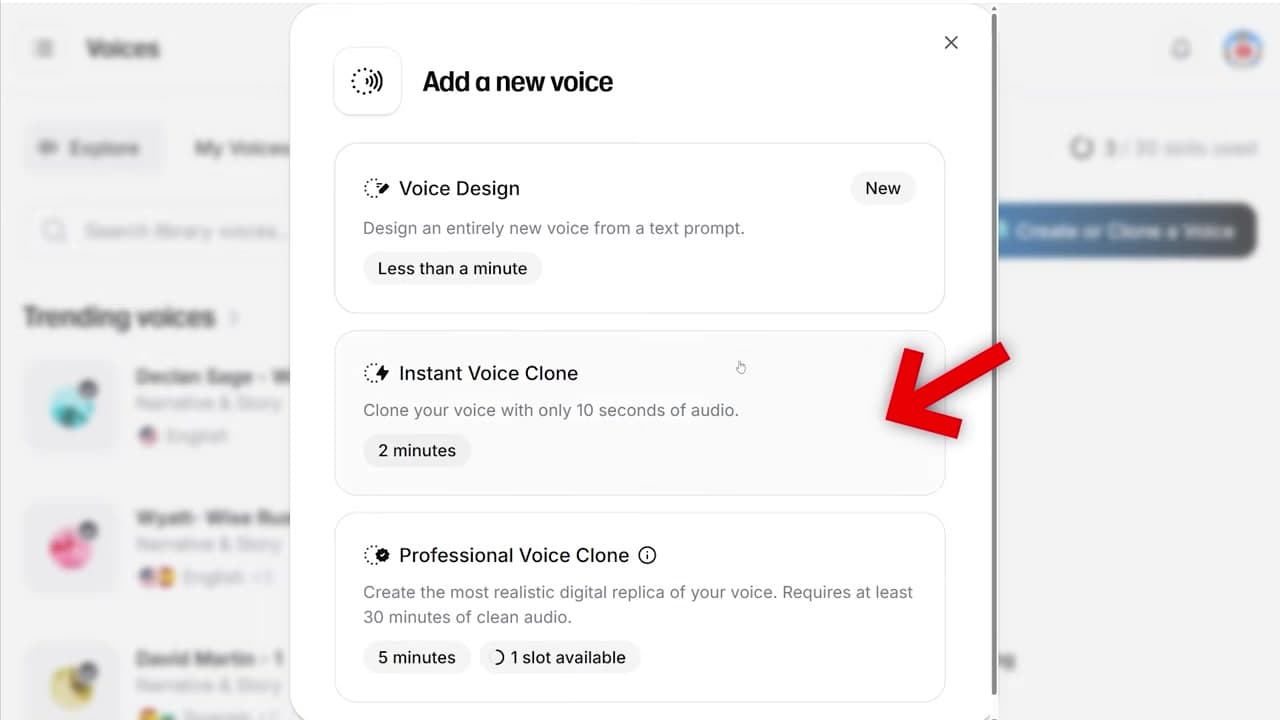 Choosing the Instant Voice Clone option in ElevenLabs