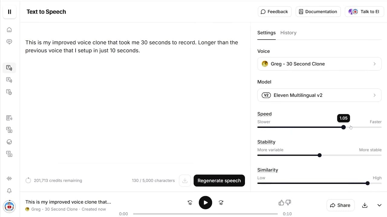 The speed slider interface in ElevenLabs