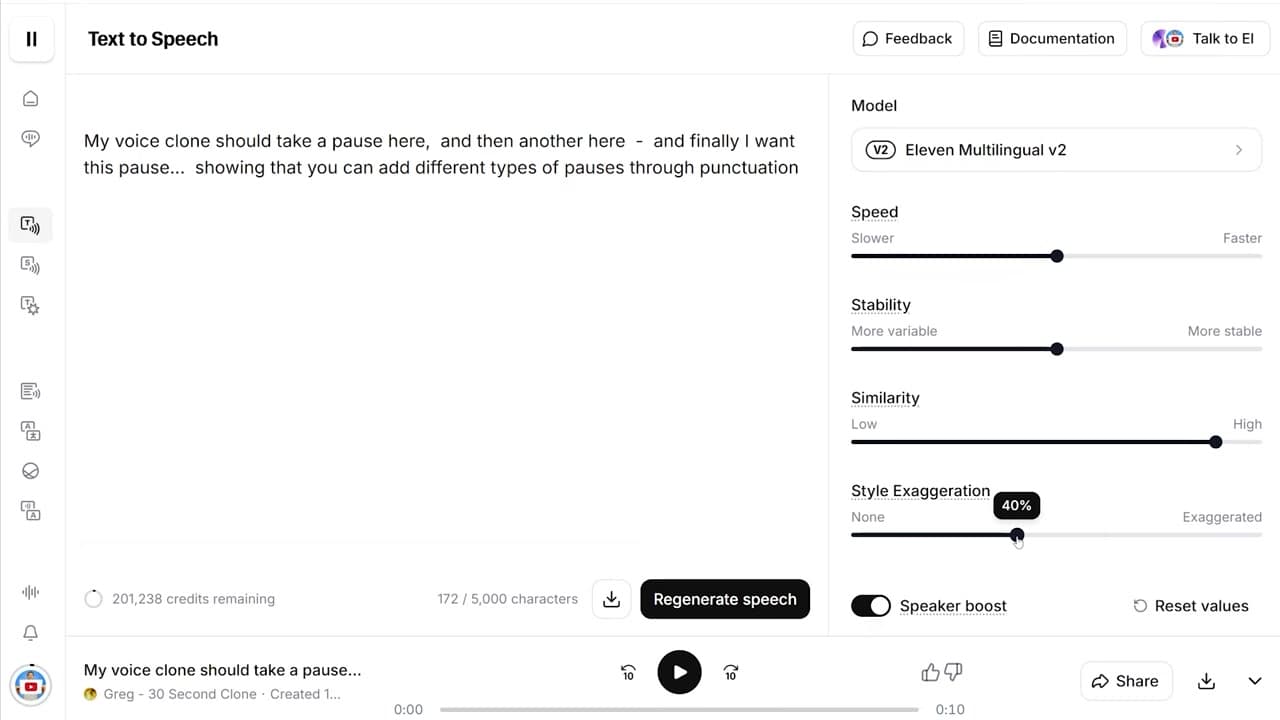 ElevenLabs advanced slider settings panel