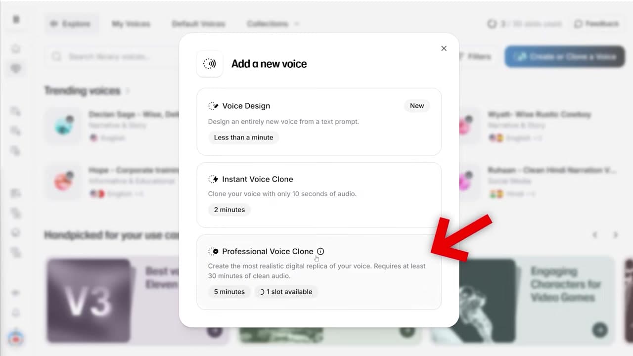 Selecting the Professional Voice Clone option