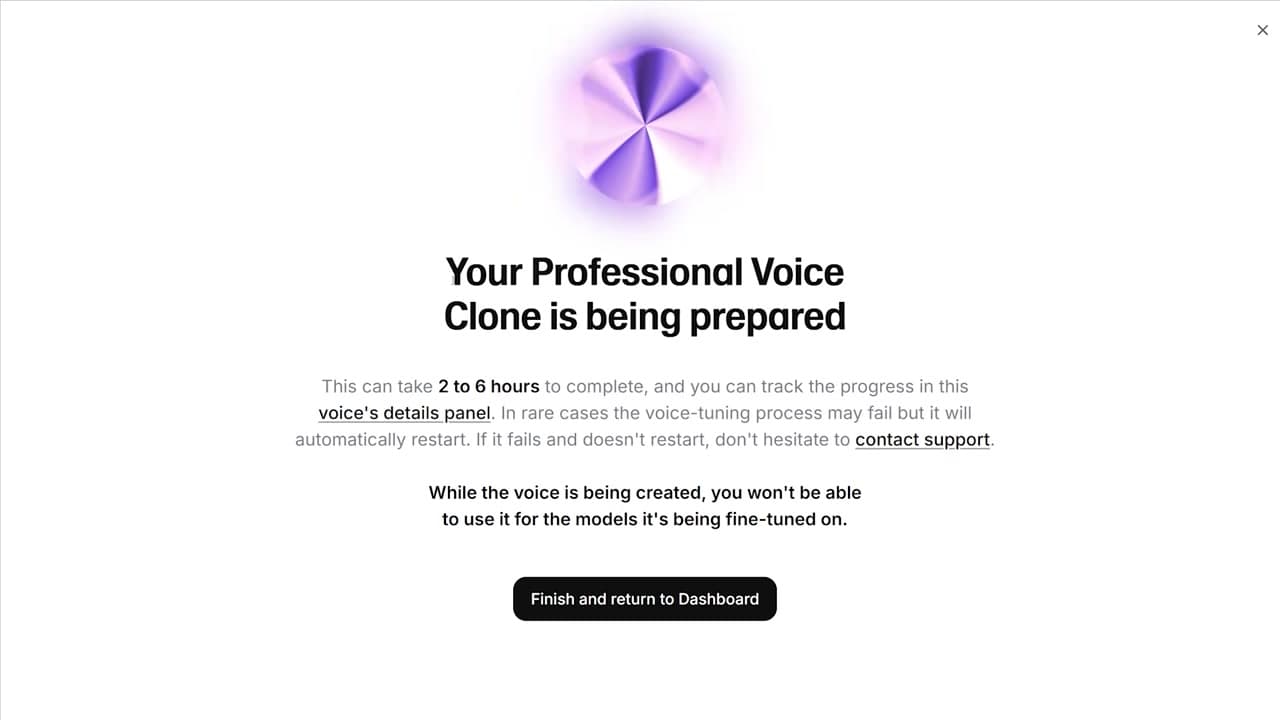 Professional voice clone creation progress screen