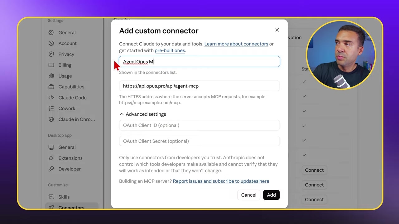 Adding Custom Connector in Claude Settings