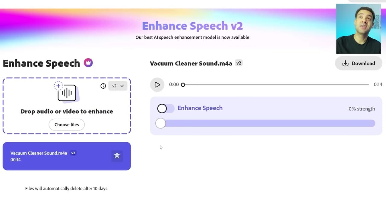 Adobe Podcast Enhance Speech interface showing the audio upload box and the enhancement toggle switch