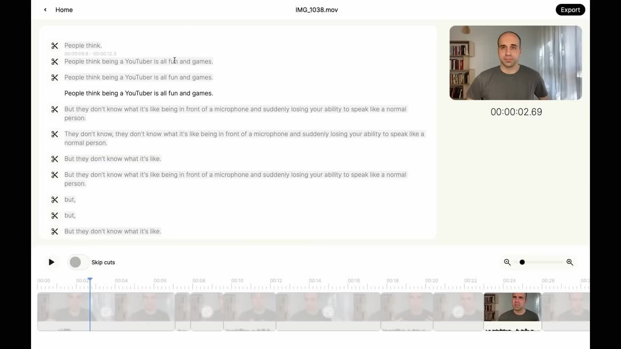 Gling desktop app showing a sliced transcript and automated cut markers on the timeline