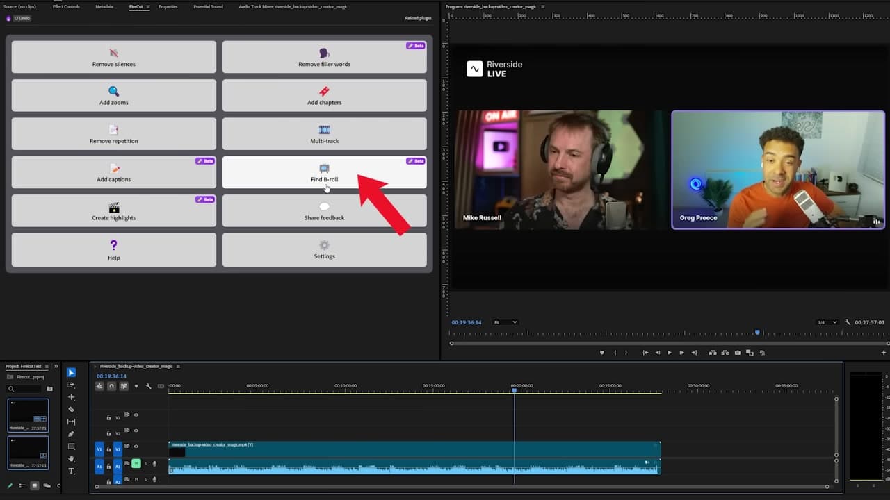 FireCut plugin panel open inside Adobe Premiere Pro timeline with the Find B-roll option selected