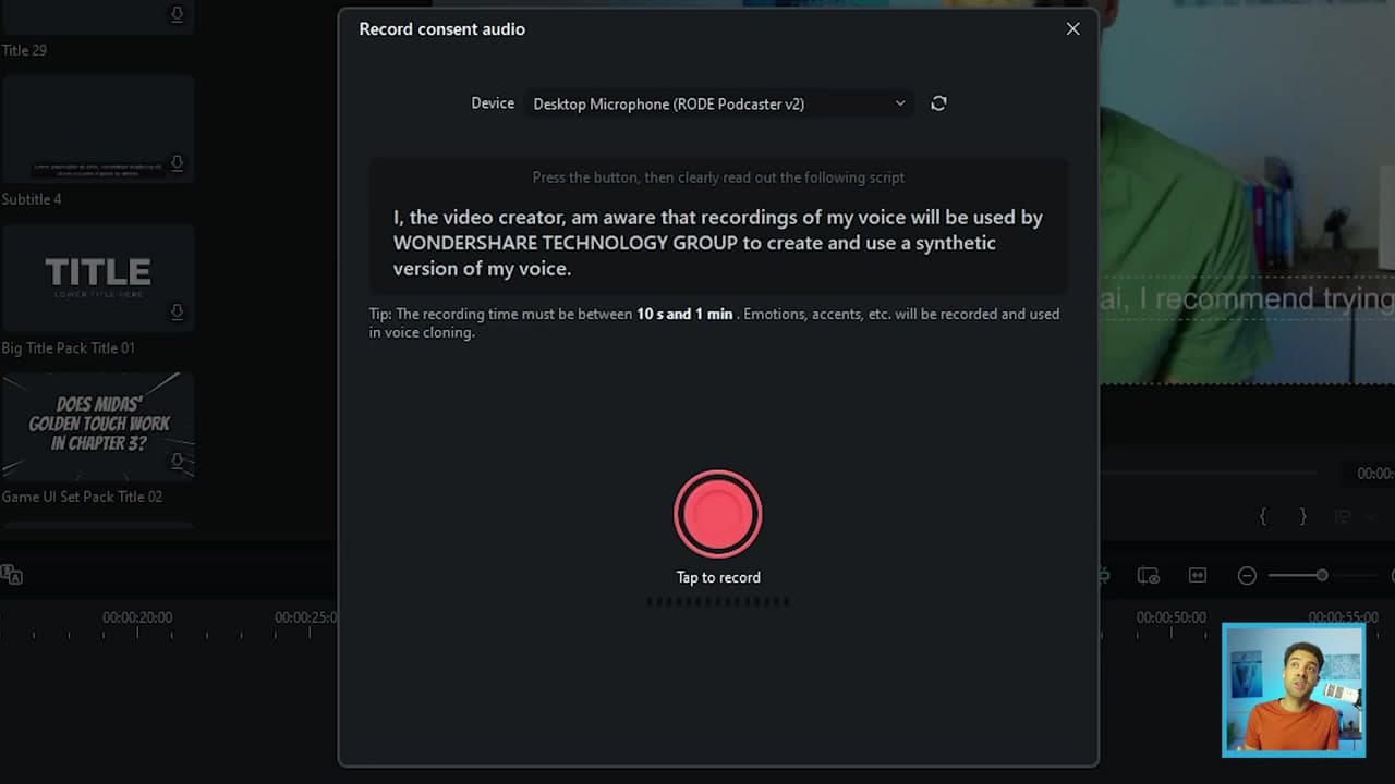 Recording the verbal authorization script in Filmora