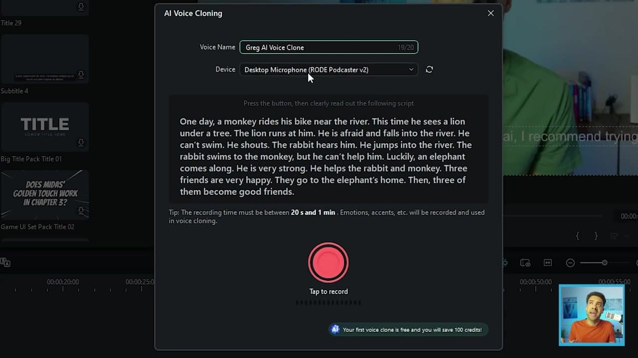 Recording the 20 to 60 second voice cloning script
