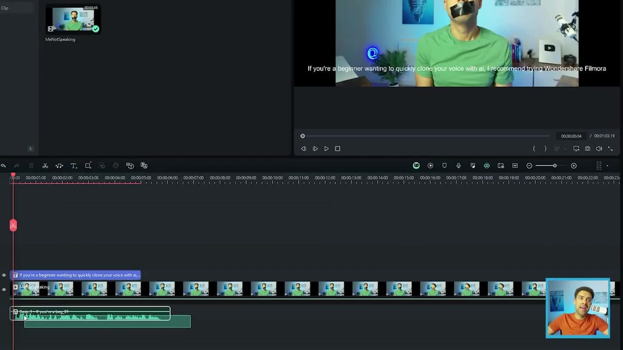 The generated AI voice file on the Wondershare Filmora timeline