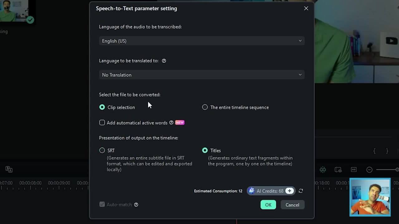Wondershare Filmora Speech-to-Text configuration window