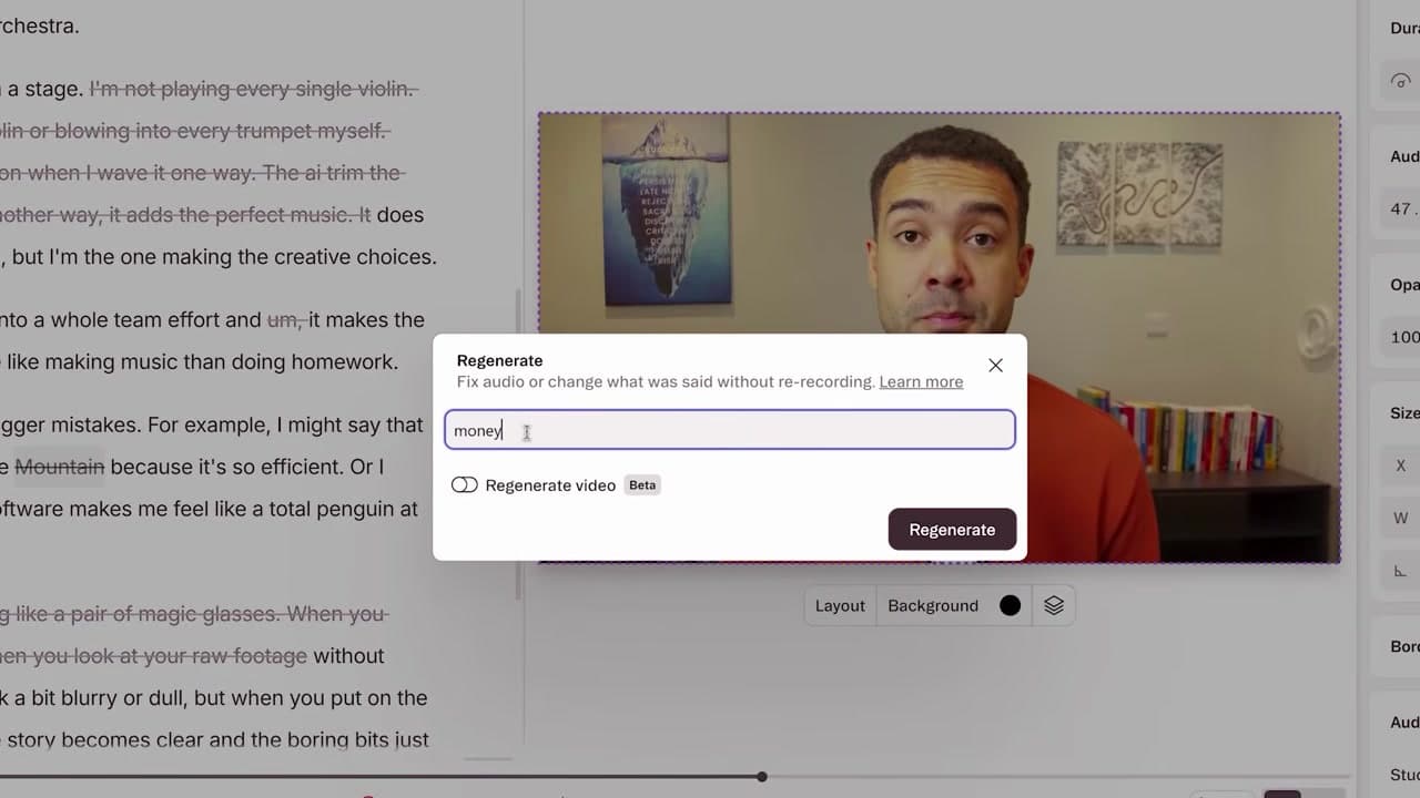 Descript Regenerate text selection and correction