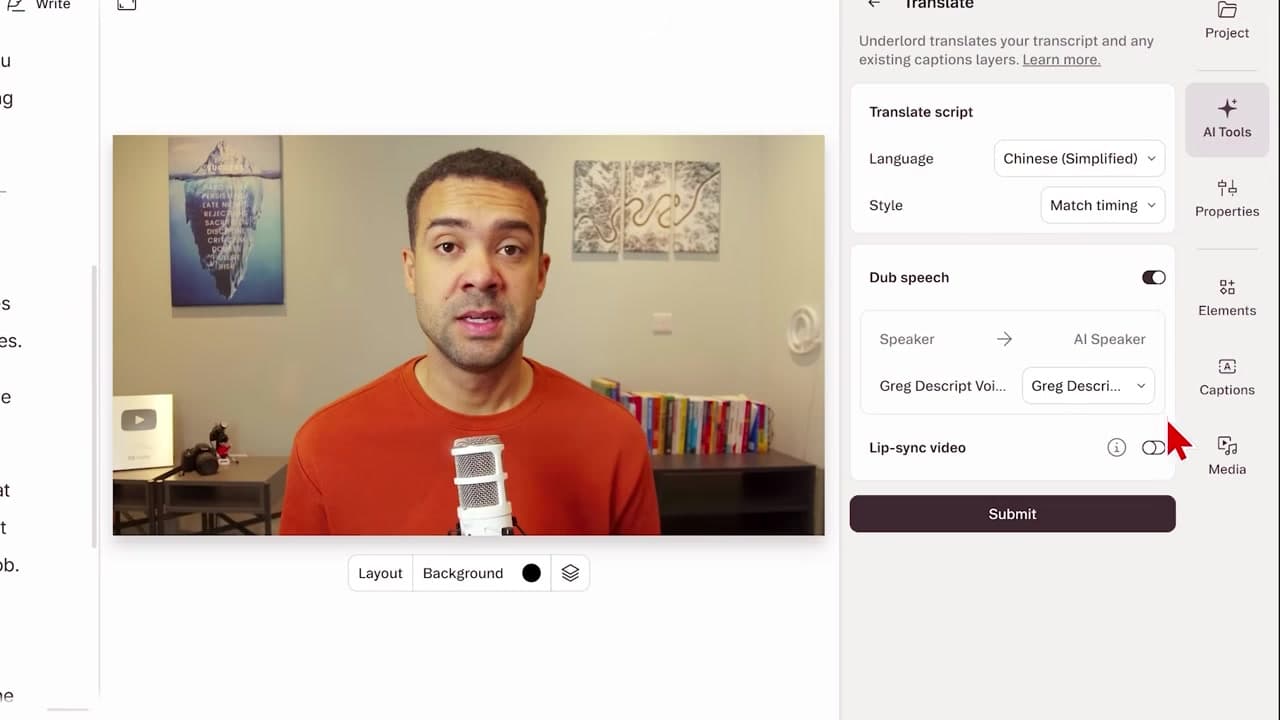 Descript AI video translator settings and output