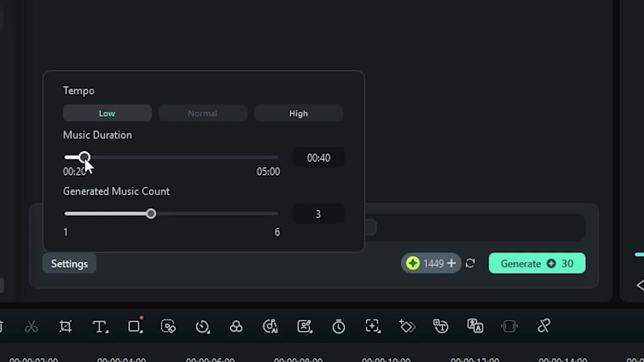 Filmora 14 AI Music Generator Settings Panel