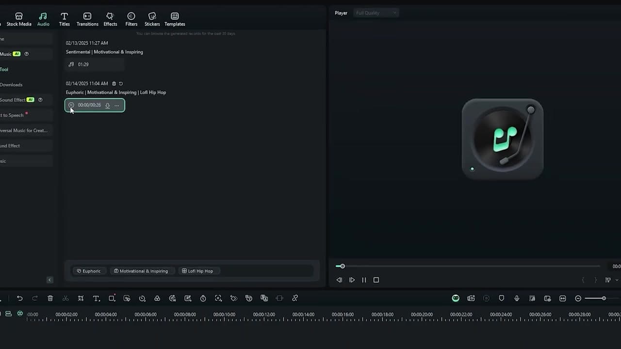 Generated AI Music Track on the Timeline