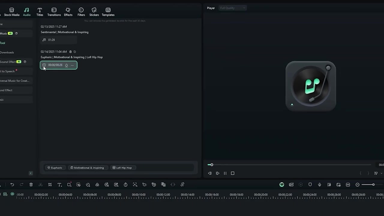 Generated AI Music Track on the Timeline