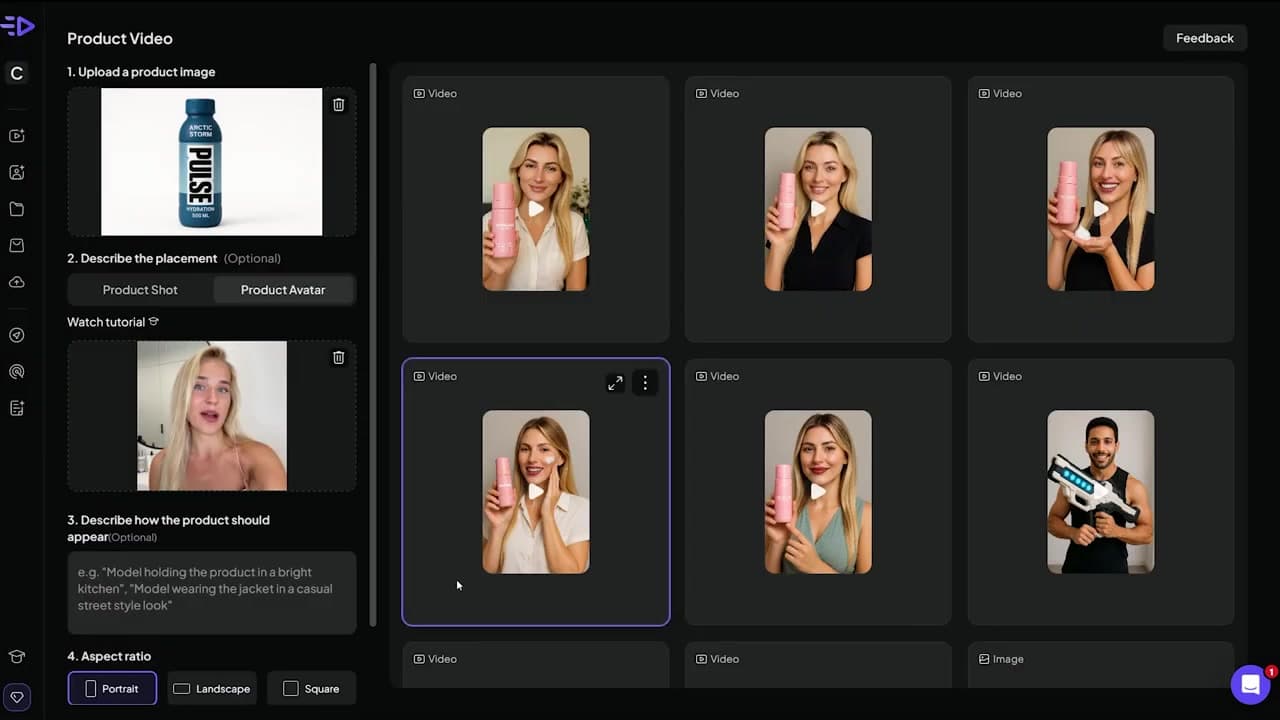 Uploading product images and choosing an avatar in Creatify